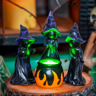 Halloween Lighted Witch Cauldron Figurines – Resin Decor Set of 4